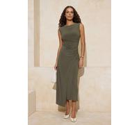 Wovcor Ruched Wrap Front Sleeveless Stretch Knit Midi Dress In Khaki Khaki