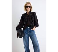 Wovcor Ruffle Detail Boho Long Sleeve Shirt In Black Black