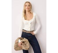 Wovcor Ruffle Detail Sweetheart Neck Fitted Knit Blouse In Ecru Ecru