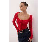 Wovcor Ruffle Detail Sweetheart Neck Fitted Knit Blouse In Red Red