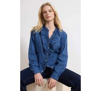 Wovcor Ruffle Front Collared Long Sleeve Cotton Denim Shirt In Blue Blue XS