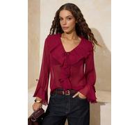 Wovcor Ruffle Front Sheer Chiffon Tie Neck Blouse In Burgundy Burgundy