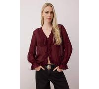 Wovcor Ruffle Front V-Neck Sheer Chiffon Long Sleeve Blouse In Plum Plum