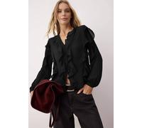Wovcor Ruffled Boho Style Button-Up Shirt In Black Black