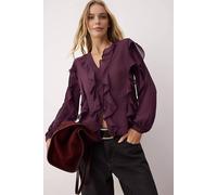 Wovcor Ruffled Boho Style Button-Up Shirt In Burgundy Burgundy 8