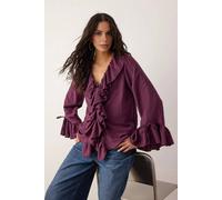 Wovcor Ruffled Tie Neck Long Sleeve Blouse In Plum Plum