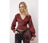 Wovcor Satin Woven Wrap Blouse With V Neck Detail In Terracotta Terracotta