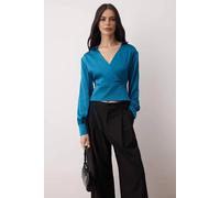 Wovcor Satin Woven Wrap Blouse With V Neck Detail In Turquoise Turquoise 6