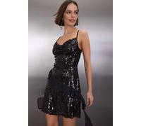 Wovcor Sequin Mini Lined Dress With Ruffle Detail In Black Black