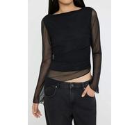WOVCOR Shawl Print Boat Neck Asymmetric Detail Fitted Long Sleeve Mesh Blouse - Black - XS