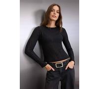Wovcor Sheer Crew Neck Ribbed Knit Blouse In Black Black