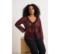 Wovcor Sheer Mesh Tie Front Frill Detail Long Sleeve Blouse In Burgundy Burgundy