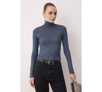 Wovcor Sheer Stand Collar Stretch Knit Long Sleeve Blouse In Dark Blue Dark Blue