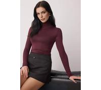 Wovcor Sheer Stand Collar Stretch Knit Long Sleeve Blouse In Plum Plum