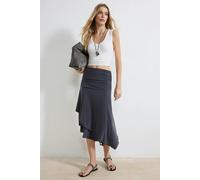 WOVCOR Skater Asymmetrical High-Waisted Midi Stretch Knit Skirt with Ruffles - Dark Grey - M