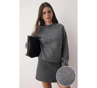 WOVCOR Soft Textured Knit Sweater with Stone and Pearl Details - Dark Grey - S