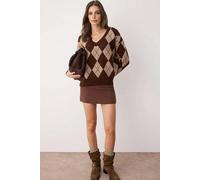 WOVCOR Soft-Textured V-Neck Argyle Pattern Knit Sweater - Brown - M