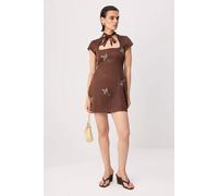 Wovcor Square Neck Short Sleeve Embroidered Tie Detail A-Line Mini Dress In Brown Brown