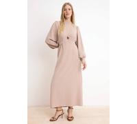 Wovcor Stand Collar Balloon Sleeve Back Tie Detail Midi Dress In Beige Beige