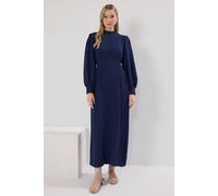 Wovcor Stand Collar Balloon Sleeve Back Tie Detail Midi Dress In Navy Navy