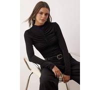 Wovcor Stand Collar Knit Blouse With Gathered Detail In Black Black M