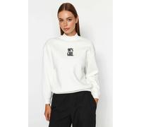 WOVCOR Stand-up Collar Knit Sweatshirt with Fleece Inside and Embroidered Slogan - White - XS