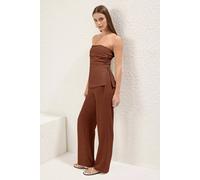 Wovcor Strapless Linen Blend Wide Leg Trouser Co-Ord Set In Brown Brown