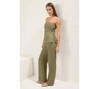 Wovcor Strapless Linen Blend Wide Leg Trouser Co-Ord Set In Khaki Khaki
