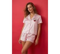 Wovcor Strawberry Embroidered Satin Short Sleeve Pyjama Set In Pale Pink Pale Pink