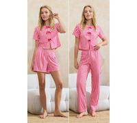 Wovcor Stripe Bow Front 3-Piece Short Sleeve Cotton Pyjama Set In Pink Pink