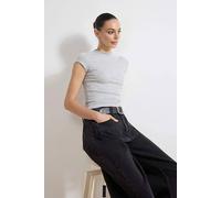 Wovcor Striped Fitted High Neck Short Sleeve Soft Knit Blouse In Grey Grey