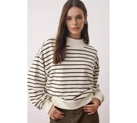 Wovcor Striped High Neck Fleece Sweatshirt In Cream Cream L