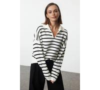 Wovcor Striped Polo Collar Knitted Sweater In Ecru Ecru