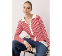 WOVCOR Striped Polo Neck Knit Cardigan - Red - S