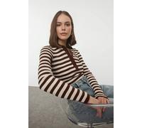 Wovcor Striped Ribbed Button-Front Fitted Knit Sweater With Polo Collar In Brown Brown