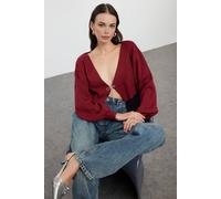 Wovcor Super Crop Knit Cardigan With Bow Detail In Burgundy Burgundy