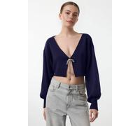Wovcor Super Crop Knit Cardigan With Bow Detail In Navy Navy