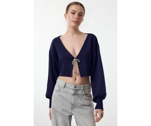 Wovcor Super Crop Knit Cardigan With Bow Detail In Navy Navy