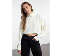 Wovcor Super Crop Knit Sweater With Zipper Detail In Ecru Ecru