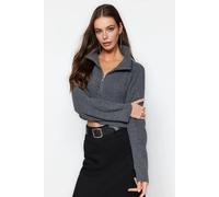 Wovcor Super Crop Knit Sweater With Zipper Detail In Grey Grey