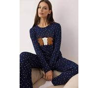 Wovcor Teddy Bear Applique Polka Dot Knitted Long Sleeve Pyjama Set In Navy Navy XS