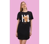 Wovcor Teddy Bear Slogan Print Cotton Short Sleeve Nightdress In Black Black