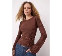 Wovcor Textured Floral Pattern Tie Waist Knit Sweater In Brown Brown