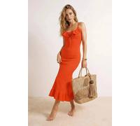 Wovcor Textured Knit Ruffle Detail Maxi Beach Dress In Coral Coral