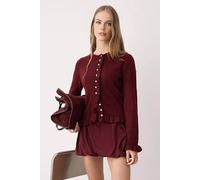 Wovcor Textured Knit Ruffle Hem Cardigan - Button Closure In Burgundy Burgundy