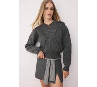 Wovcor Textured Knit Zipper Cardigan With Stone Embellishment In Dark Grey Dark Grey