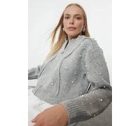 Wovcor Textured Knit Zipper Cardigan With Stone Embellishment In Grey Grey S