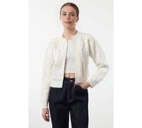 Wovcor Textured Knit Zipper Cardigan With Stone Embellishment In White White M