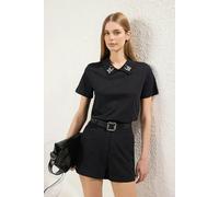 WOVCOR Thick Cotton Polo Collar Knitted T-Shirt with Stone Details - Black - M