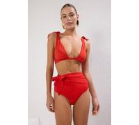 Wovcor Tie Detail High Waist Bikini Bottom In Red Red